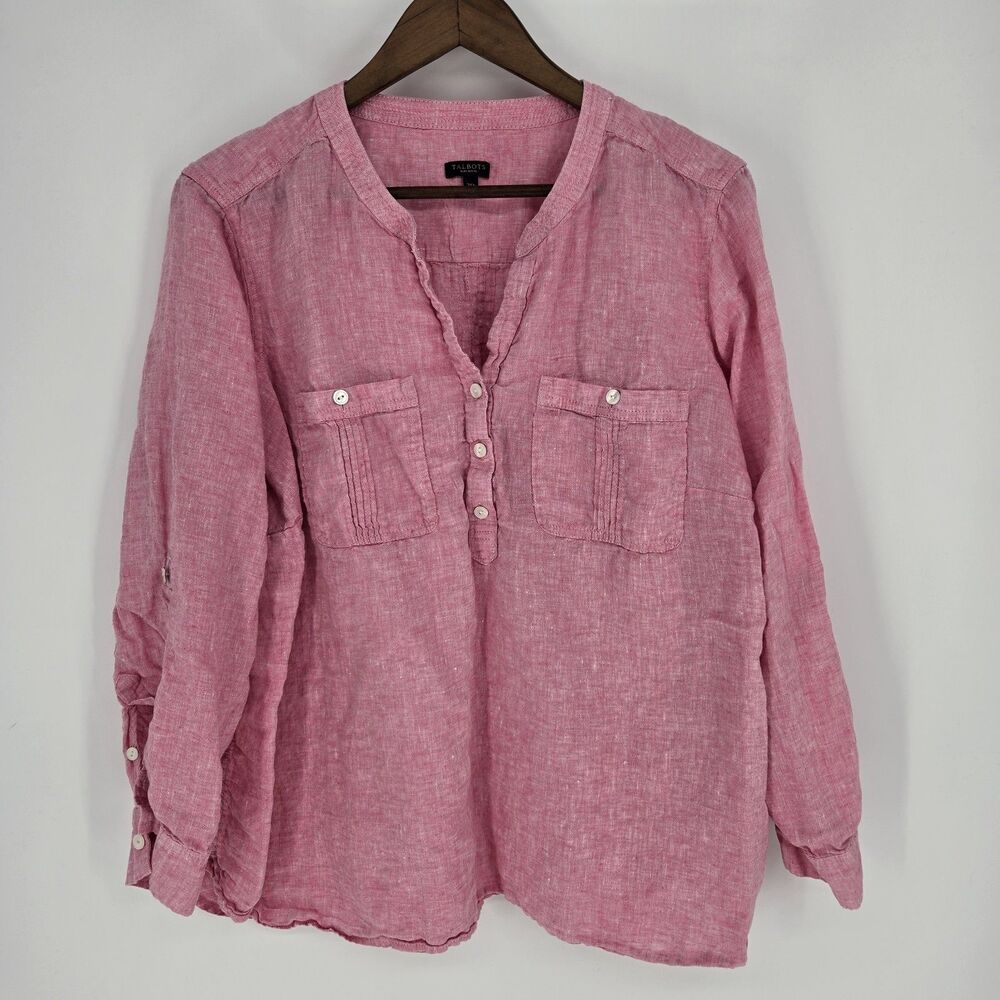 Talbots Pink Linen Top 3X Petite Split V neck Minimalist Preppy